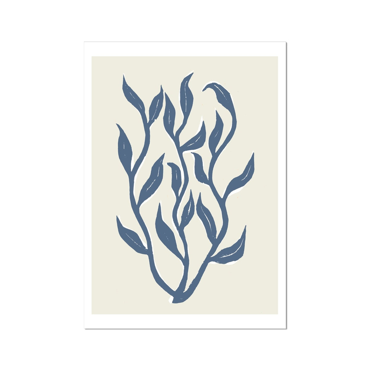 Abstract Indigo Seaweed Art Print No 1 | Coastal Graphic Wall Decor | Handcrafted Lino Cut Design - Unframed