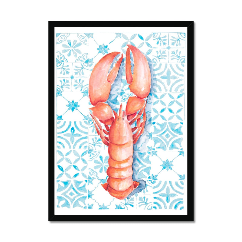 Lobster Print on Blue Mediterranean Tiles - Framed