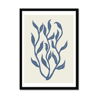 Abstract Indigo Seaweed Art Print No 1 | Coastal Graphic Wall Decor | Handcrafted Lino Cut Design - Framed