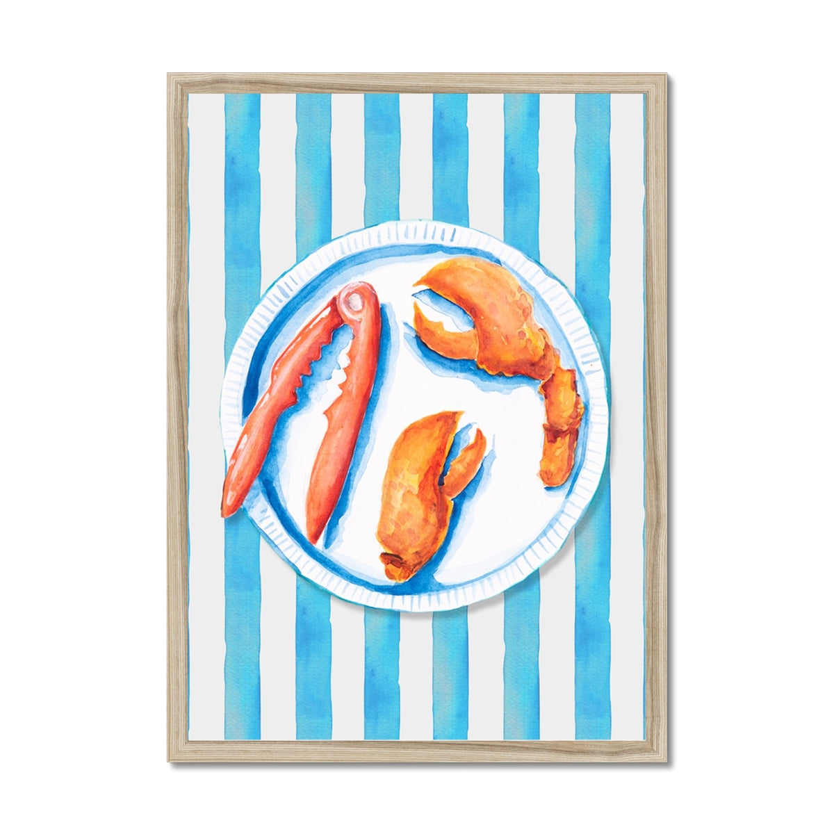 Lobster Painting on Blue Stripe | Kitchen Wall Art - Framed