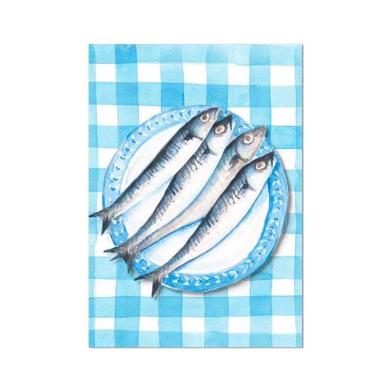 Sardine Painting on Blue Gingham | Kitchen Wall Art - Unframed