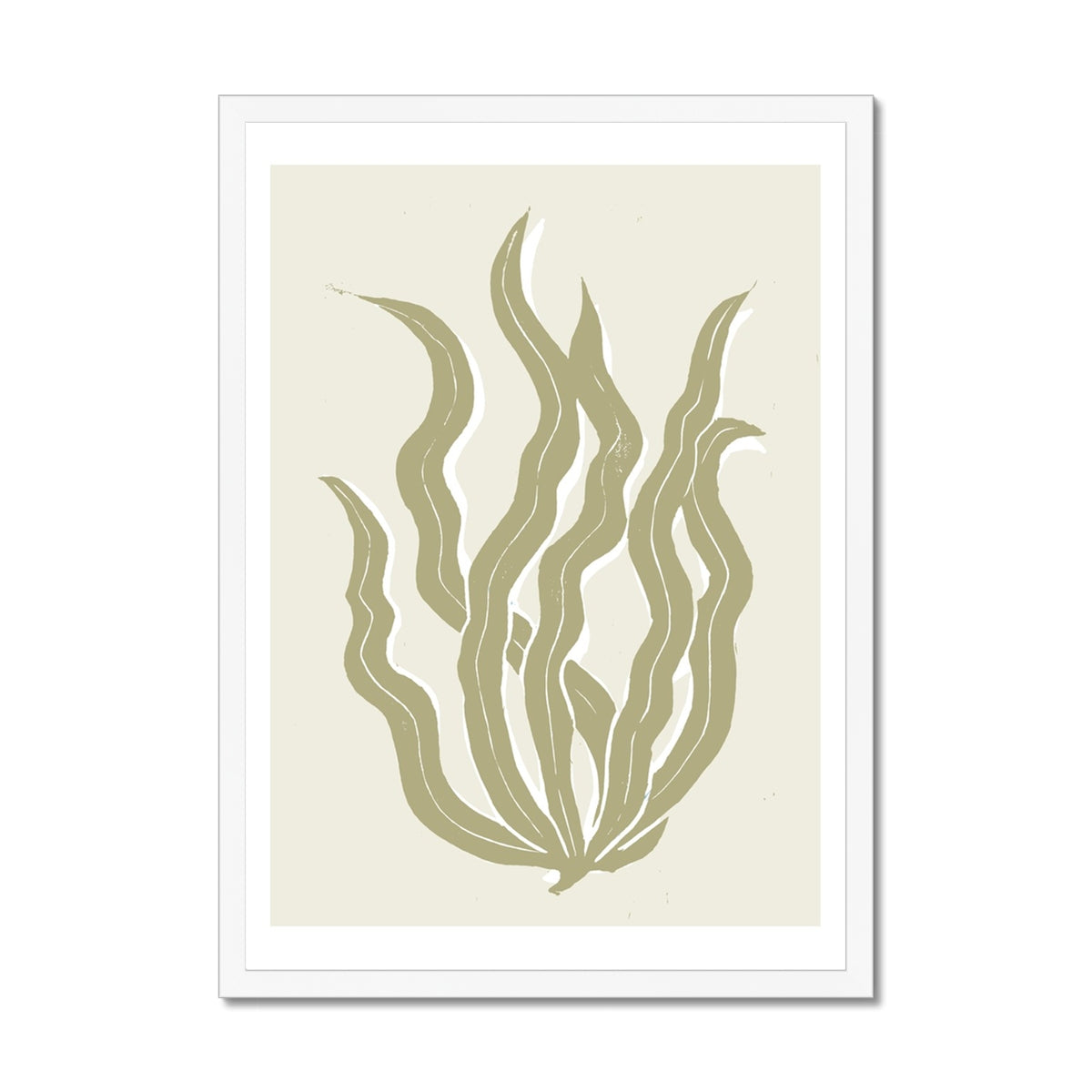 Abstract Neutral Seaweed Art Print No 3 | Coastal Graphic Wall Decor | Handcrafted Lino Cut Design - Framed