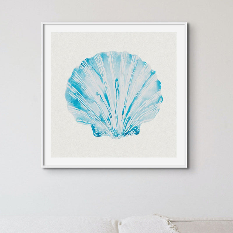 Aqua Watercolour Scallop Shell Painting | Shell Print Wall Art - Framed Art Print