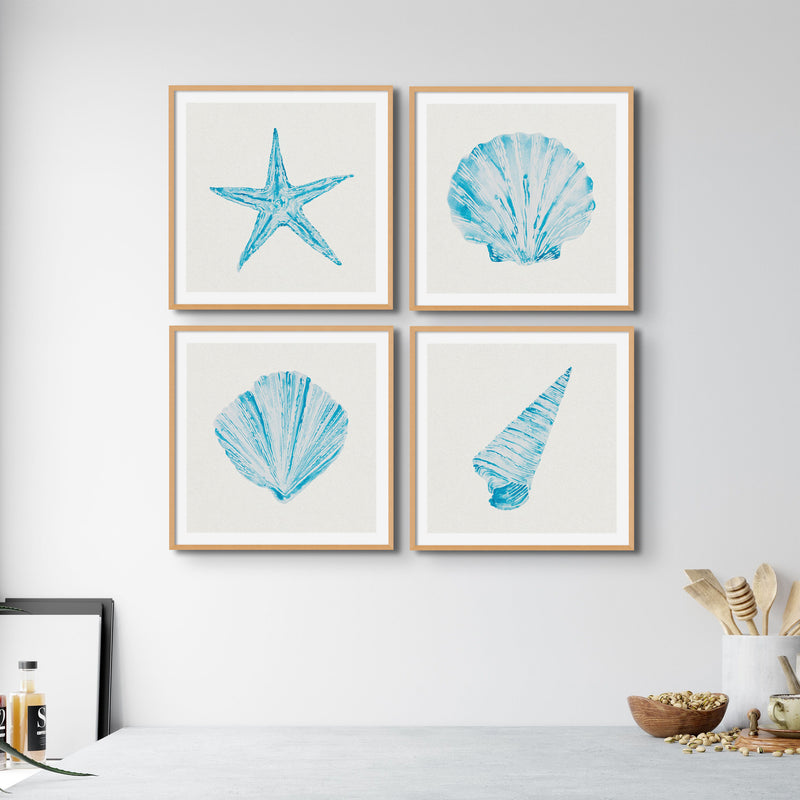 Aqua Watercolour Fan Shell Painting | Shell Print Wall Art - Unframed Wall Art