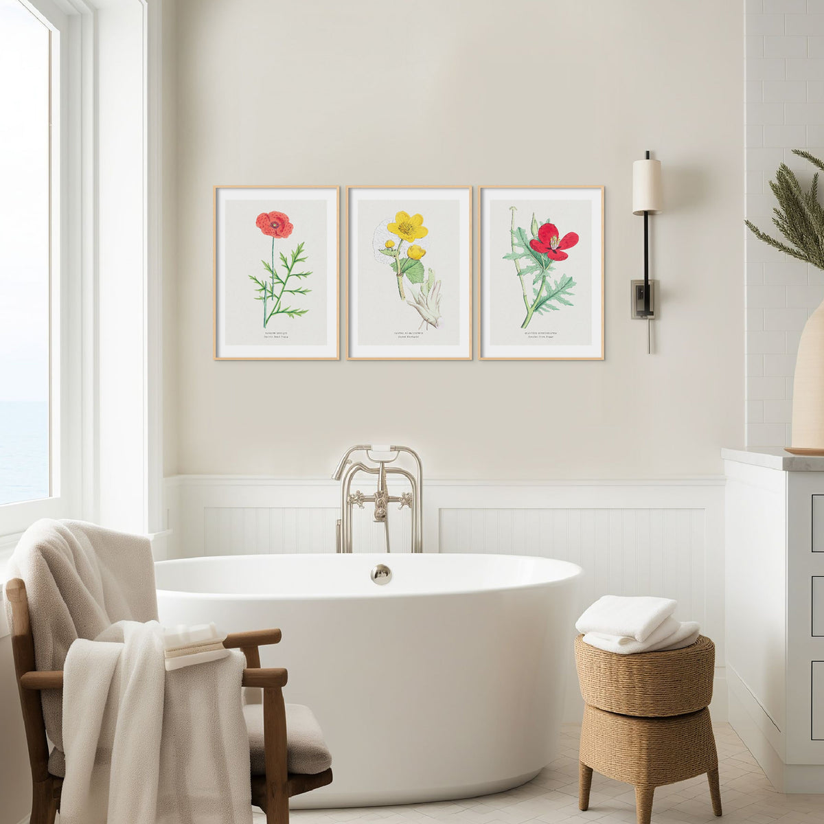 set of vintage flower prints in bathroom above roll top bath.