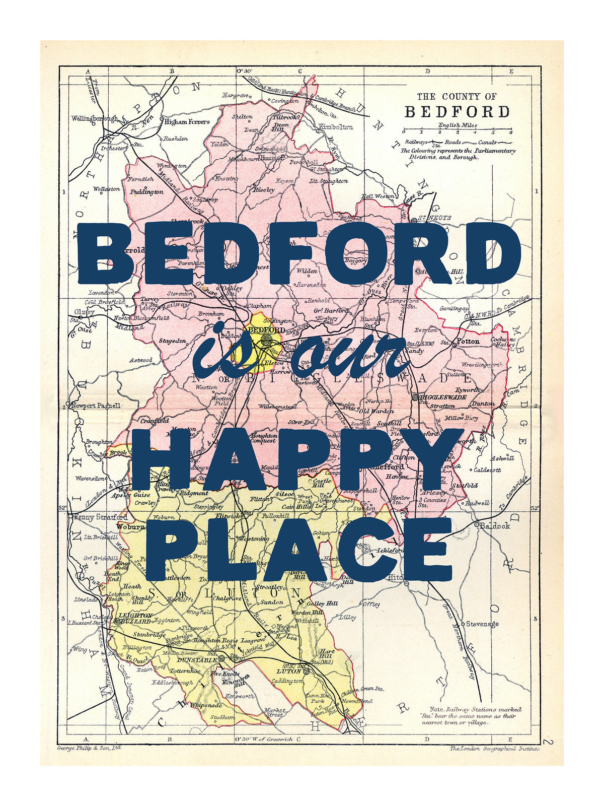 Happy Place Map Print With Blue Font - Personalised