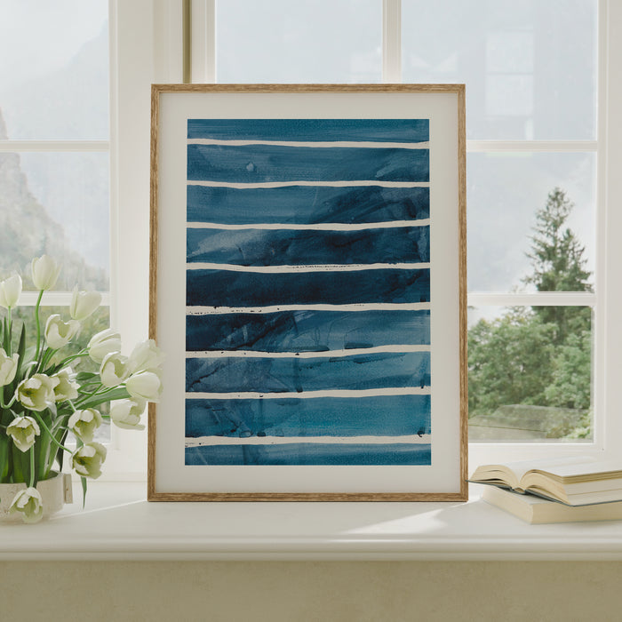 Sea Blue Wave Art 1 | Abstract Lines Painting - Framed