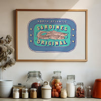 Sardine Painting | Blue & Aqua Tin of Sardine Print | Kitchen Art - Framed