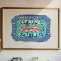 Sardine Painting | Blue & Aqua Tin of Sardine Print |Colourful  Kitchen Art - Framed