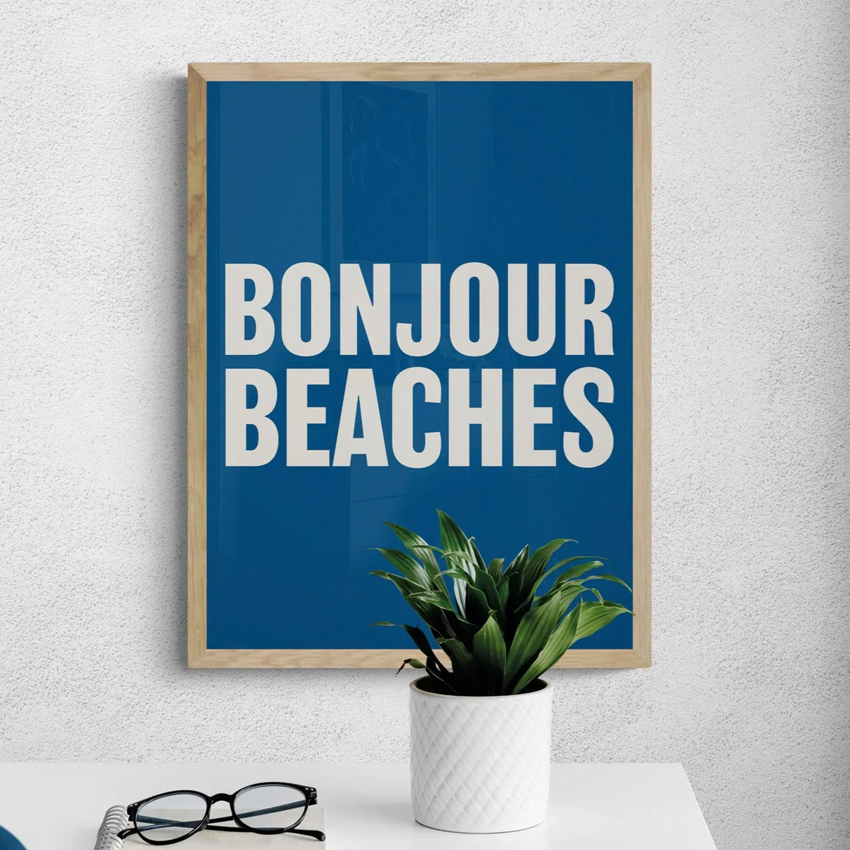 Bonjour Beaches (French Navy) Typography Art Print - Unframed