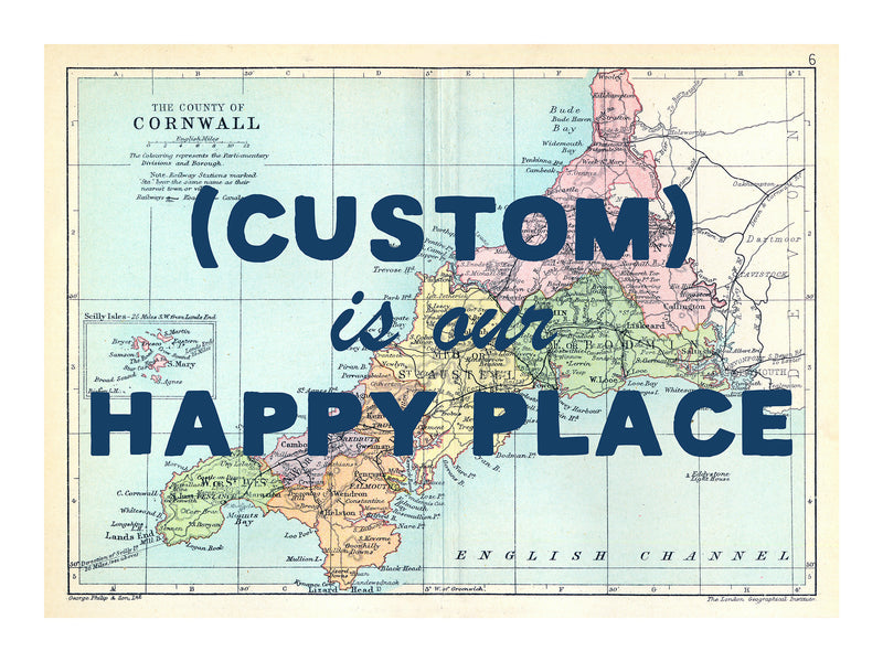 Happy Place Map Print With Blue Font - Personalised