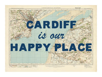 Happy Place Map Print With Blue Font - Personalised