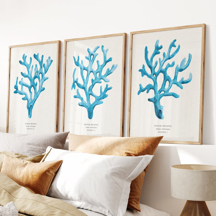 Set of three coral art prints - coral paintings as a set framed in natural frame above a bed. 