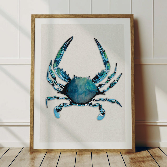 crab painting framed in natural wood frame in a white panelled room