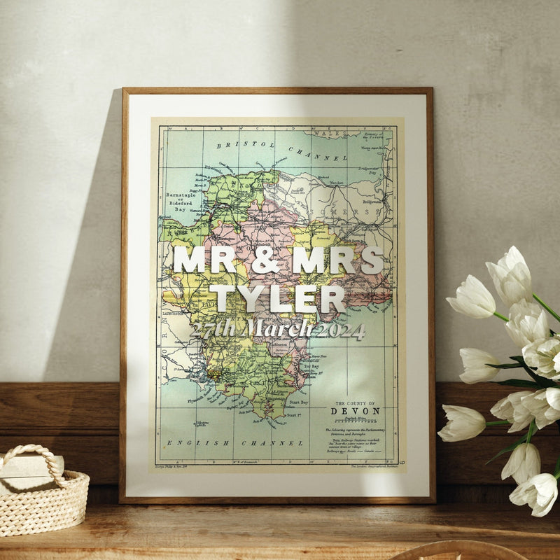 Wedding and Engagement Map Print - White Font - From £18 - Beach House Art