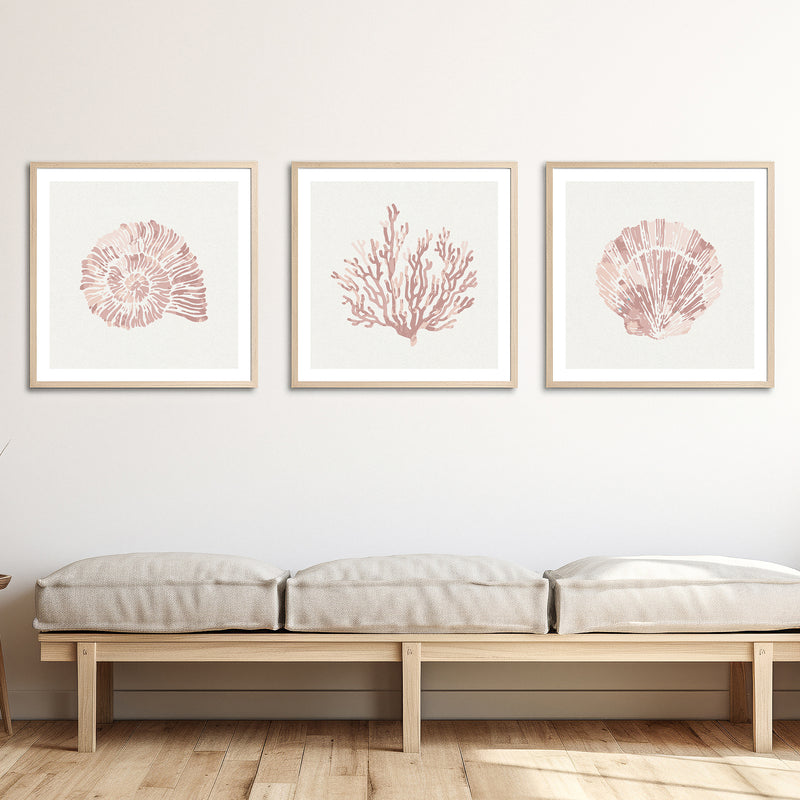 Set of Three Pink Coral and Shell Art Prints  - Unframed