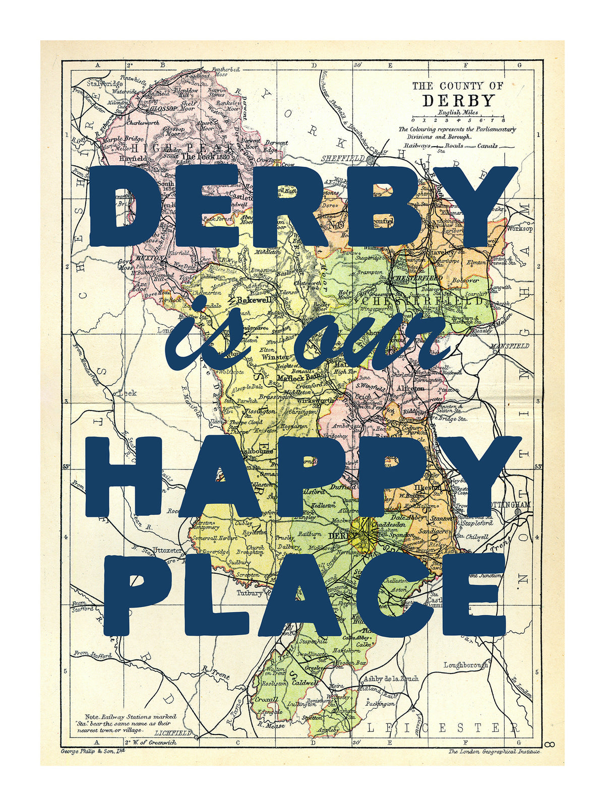 Happy Place Map Print With Blue Font - Personalised