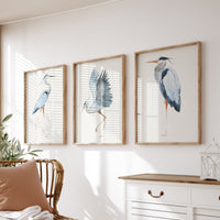 Set of Three Heron Prints - Unframed Set Beach House Art - Vintage bird paintings
