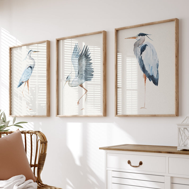 Set of Three Heron Prints | Vintage Bird Paintings  - Framed