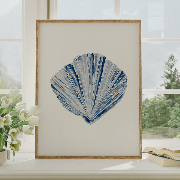 Watercolour Shell Art | Navy Blue Art | Fan Shell Print - Unframed