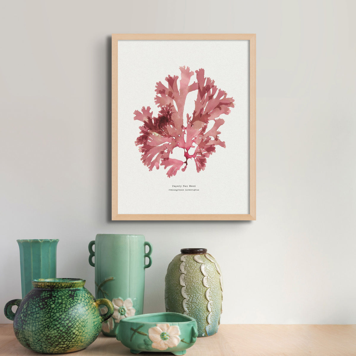 set of two red seaweed prints above a bed with boho lights - seaweed art prints