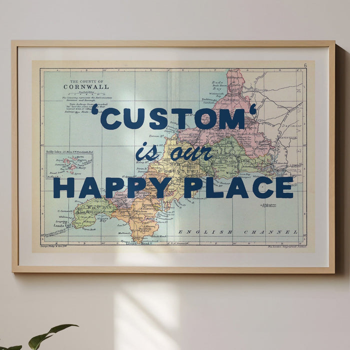 Happy Place Map Print With Blue Font - Personalised