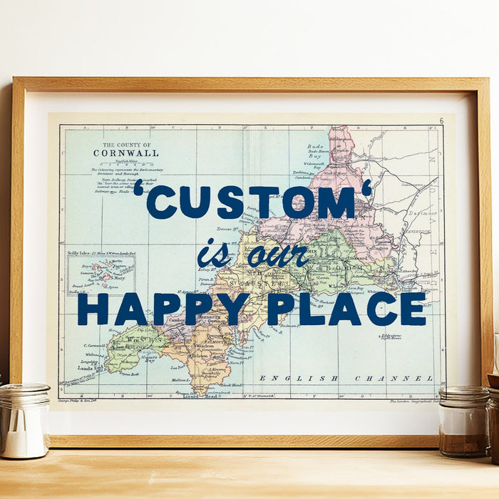 Happy Place Map Print With Blue Font - Personalised