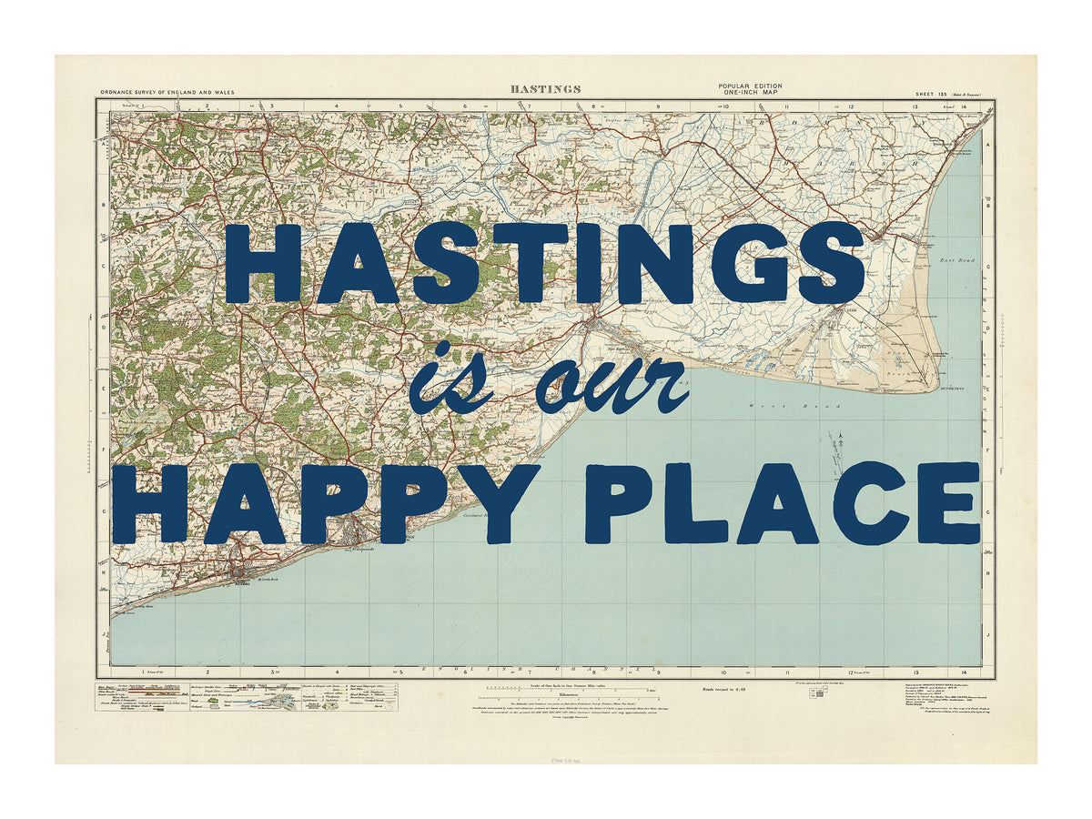 Happy Place Map Print With Blue Font - Personalised