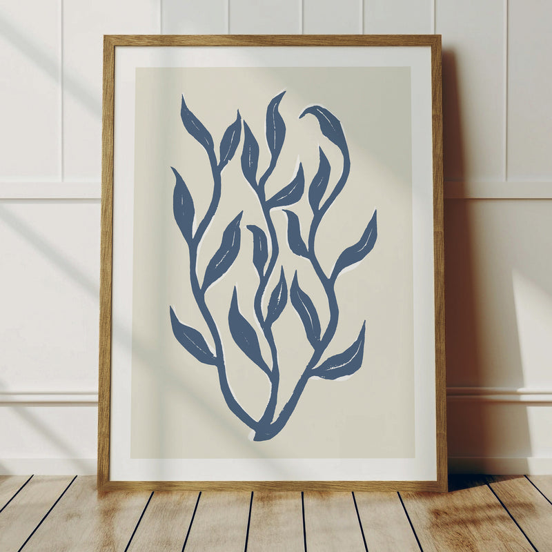 Abstract Indigo Seaweed Art Print No 1 | Coastal Graphic Wall Decor | Handcrafted Lino Cut Design - Unframed