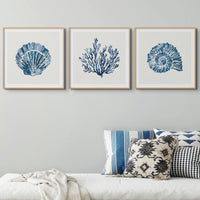 Set of Three Indigo Coral and Shells - Unframed Beach House Art set of blue abstract line art prints