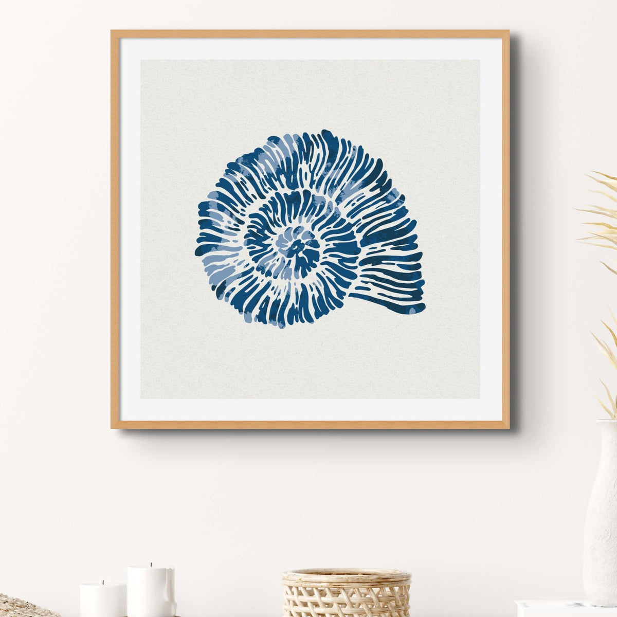 Set of Three Indigo Coral and Shells - Unframed Beach House Art set of blue abstract line art prints