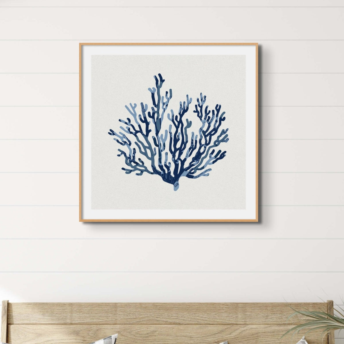 Set of Three Indigo Coral and Shells - Unframed Beach House Art set of blue abstract line art prints