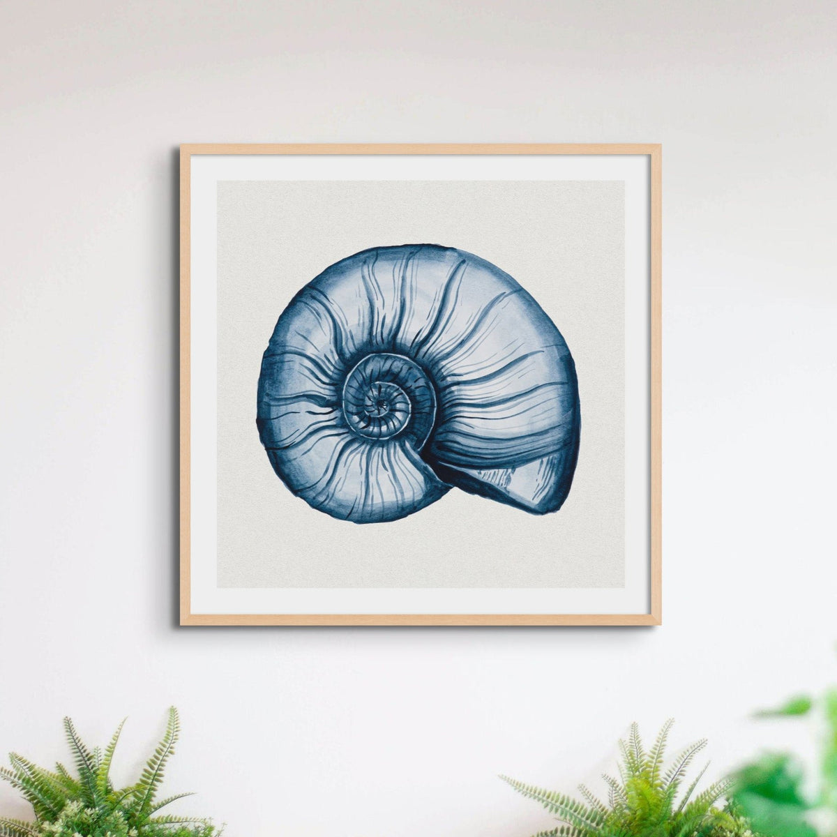 Indigo Watercolour Nautilus Shell Painting | Shell Art - Framed Wall Art