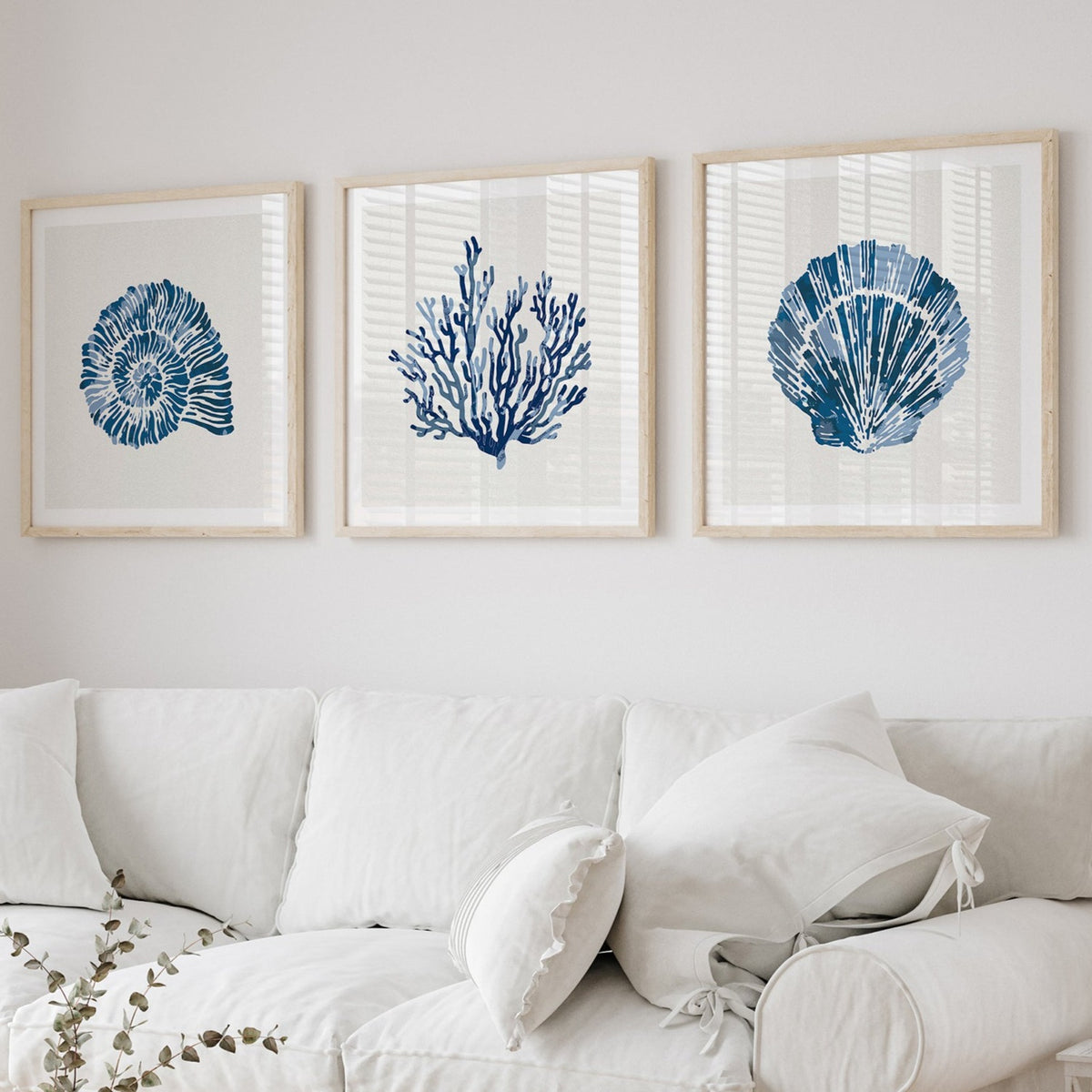 Set of Three Indigo Coral and Shell Art Prints  - Framed