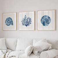 Set of Three Indigo Coral and Shell Art Prints  - Unframed