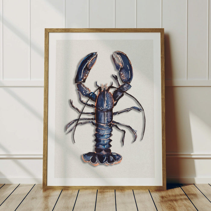 lobster art print - painting of a lobster framed in a natural wood frame ready to be hung as kitchen wall art