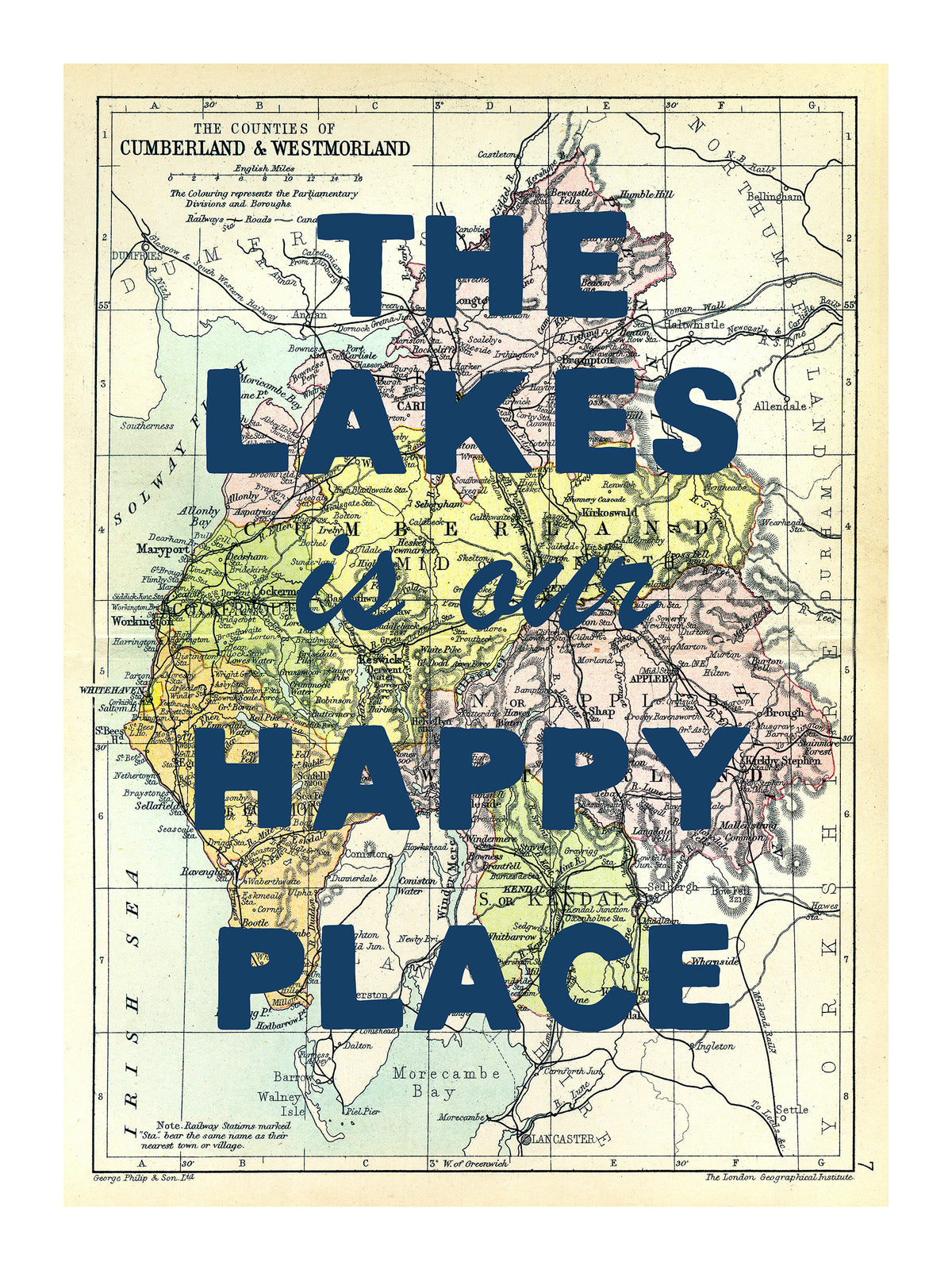 Happy Place Map Print With Blue Font - Personalised