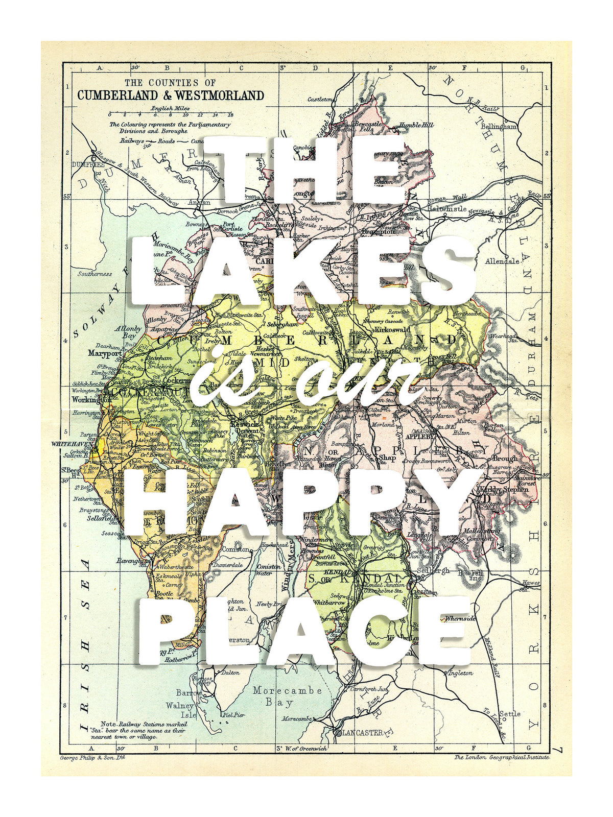 Happy Place Map With White Font - Personalised