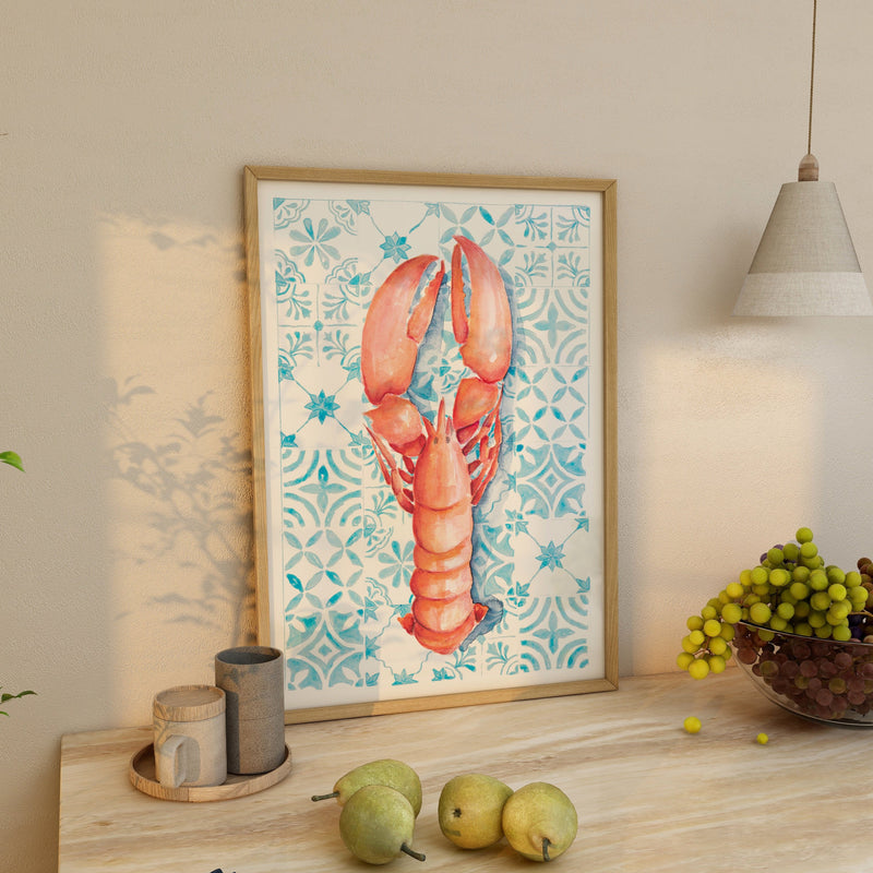 Lobster Print on Blue Mediterranean Tiles | Kitchen Art - Unframed