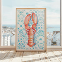 Lobster Print on Blue Mediterranean Tiles - Framed