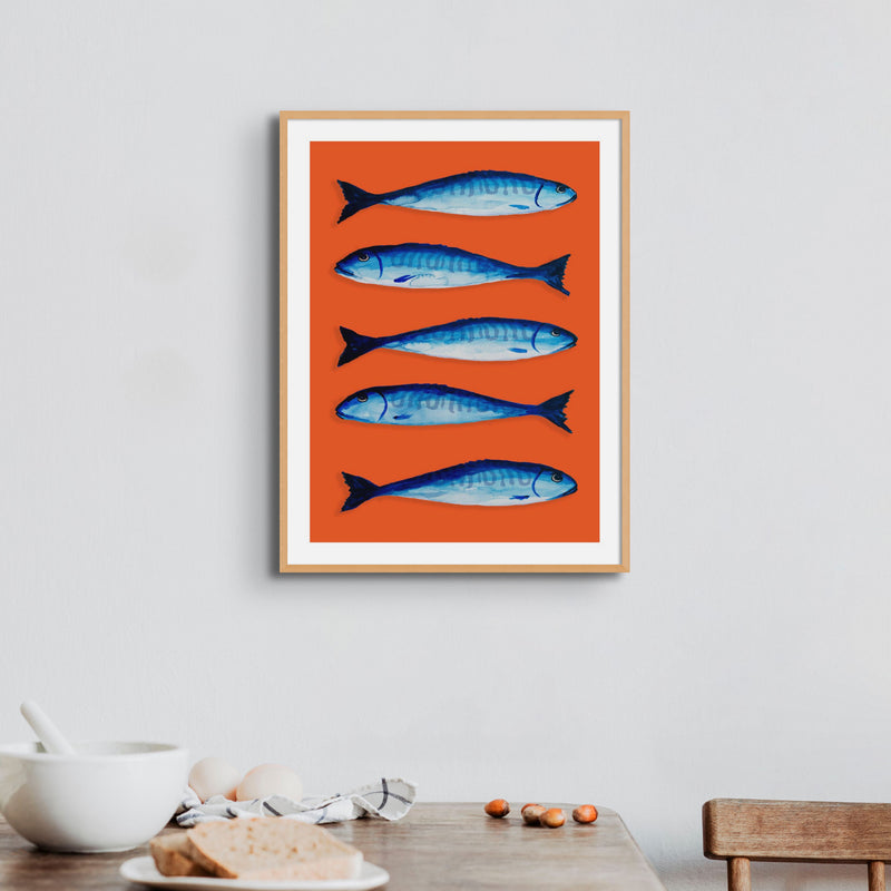 Mackerel Print | Kitchen Fish Painting | Orange Red - Unframed
