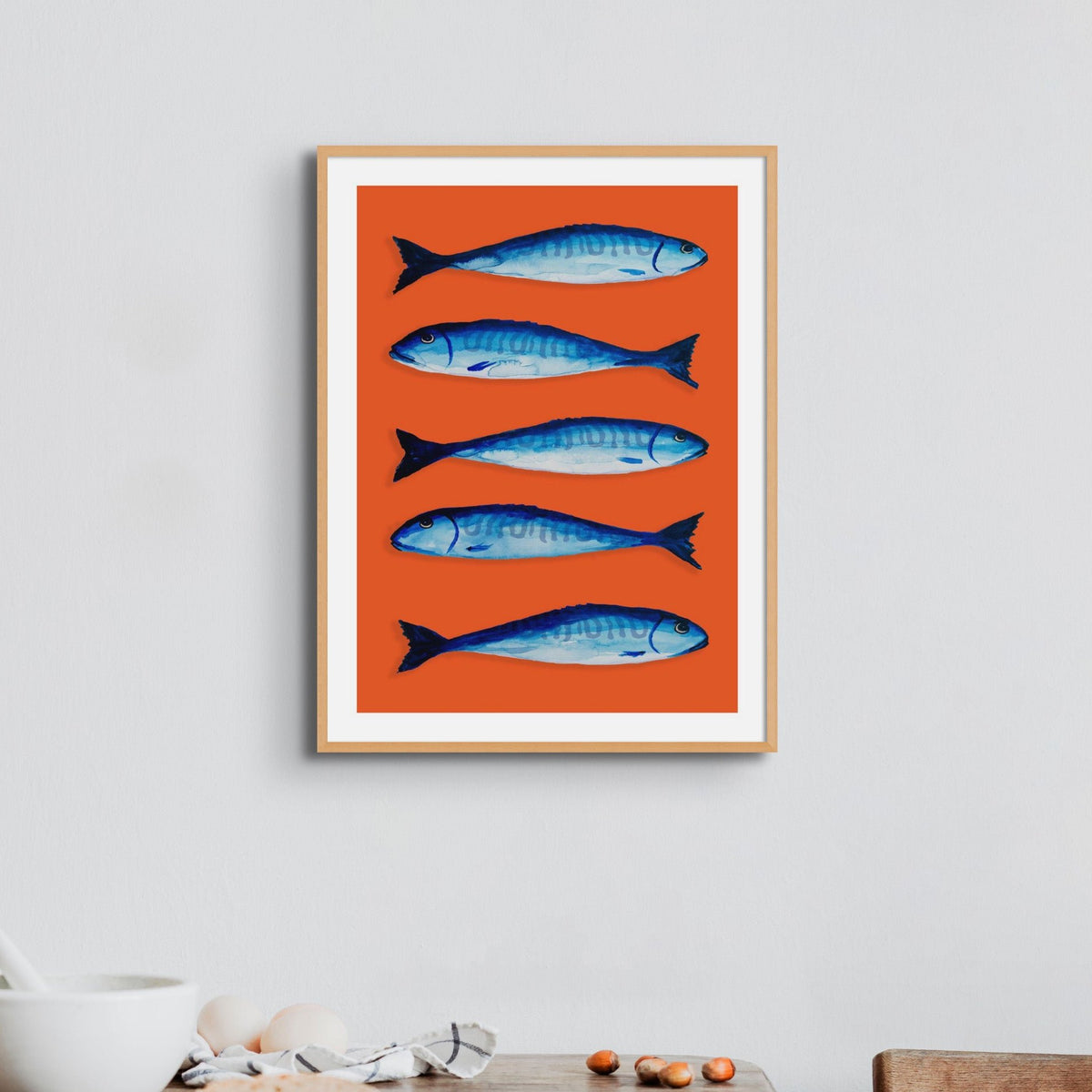 Mackerel Print | Kitchen Painting | Mackerel Fish Painting on Orange Background - Framed