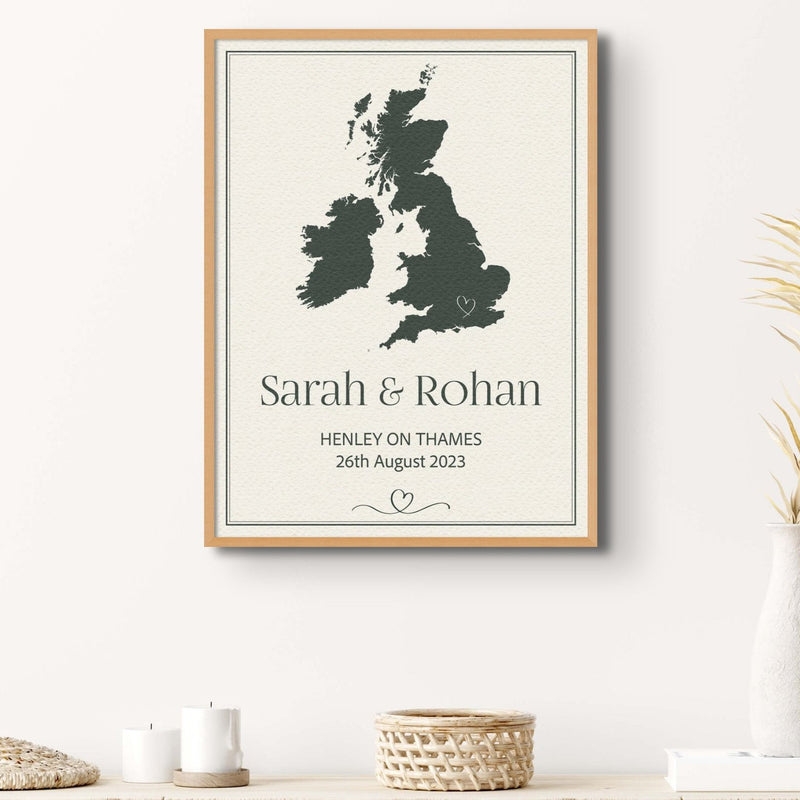 Personalised Map Art with Heart Location Pin | Custom art - Framed