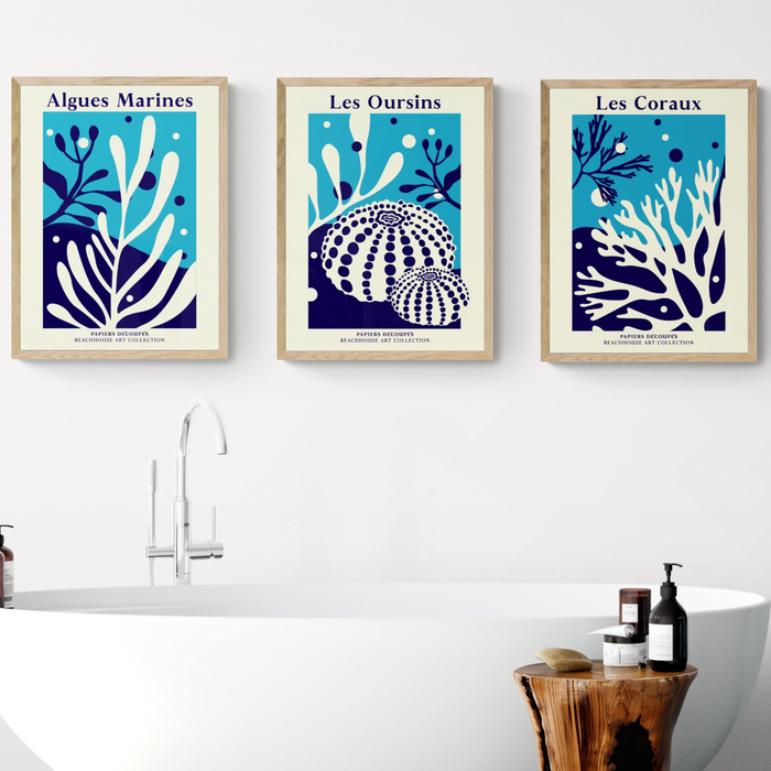 set of three framed coral art prints above white roll top bath. three graphic and botanical art prints.