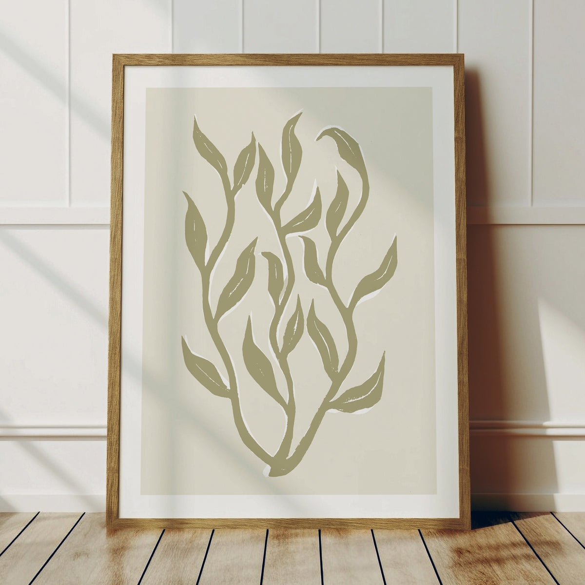 Abstract Neutral Seaweed Art Print No 1 | Coastal Graphic Wall Decor | Handcrafted Lino Cut Design - Framed