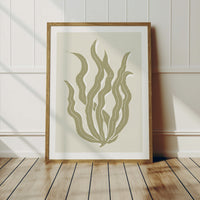 Abstract Neutral Seaweed Art Print No 3 | Coastal Graphic Wall Decor | Handcrafted Lino Cut Design - Framed