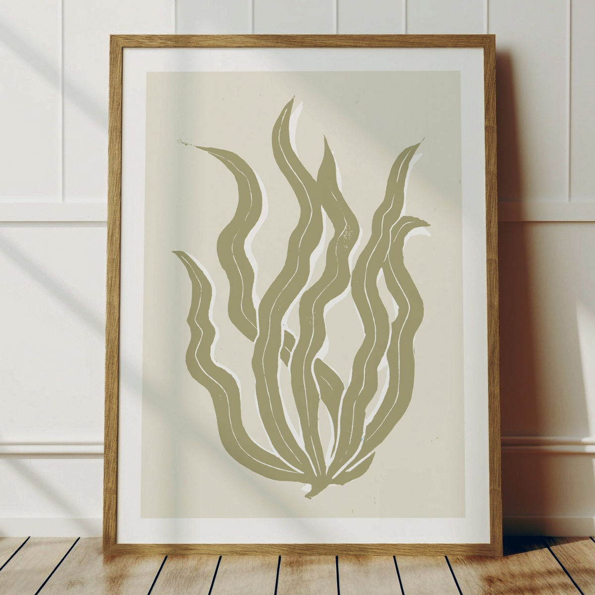 Abstract Neutral Seaweed Art Print No 3 | Coastal Graphic Wall Decor | Handcrafted Lino Cut Design - Unframed