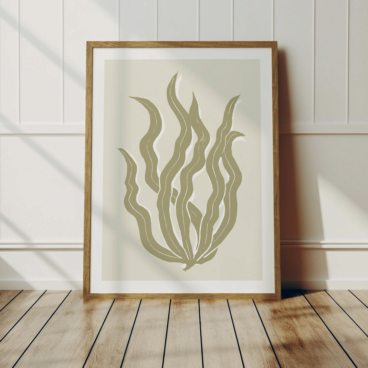 Abstract Neutral Seaweed Art Print No 3 | Coastal Graphic Wall Decor | Handcrafted Lino Cut Design - Unframed