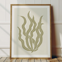 Abstract Neutral Seaweed Art Print No 3 | Coastal Graphic Wall Decor | Handcrafted Lino Cut Design - Framed