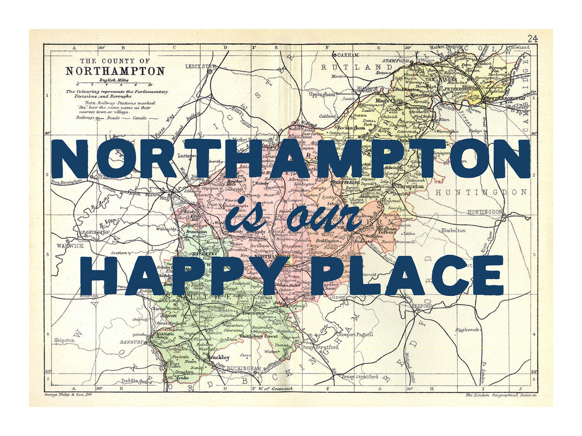 Happy Place Map Print With Blue Font - Personalised